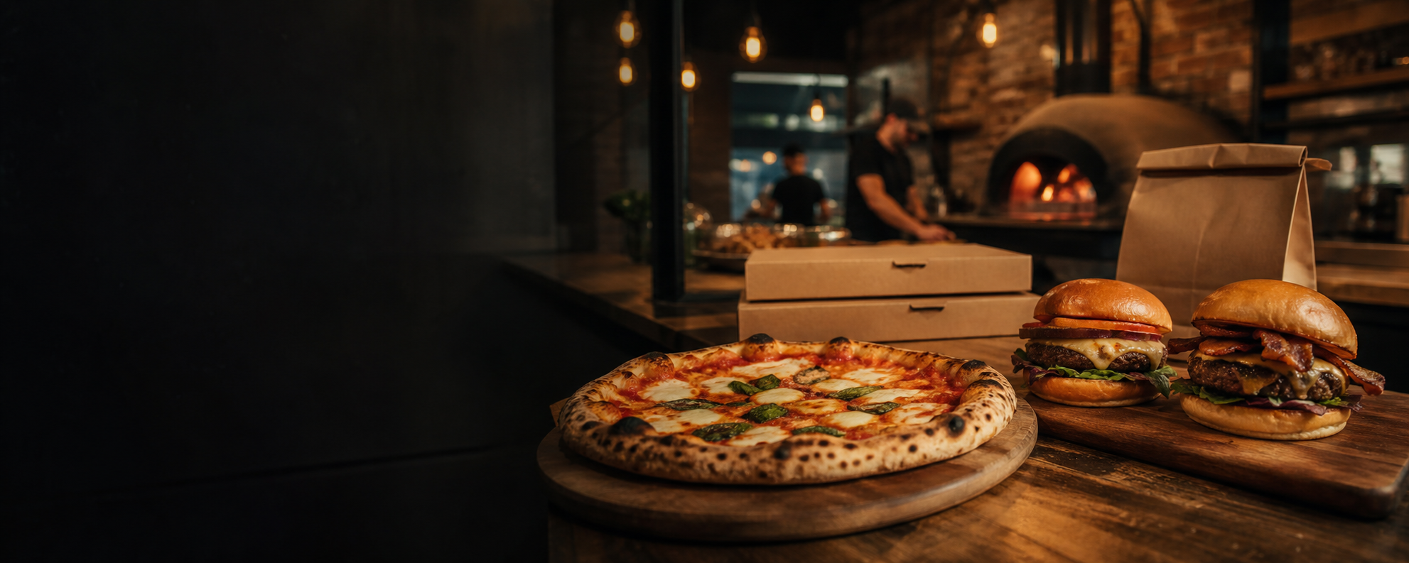 Pizza e hambúrgueres preparados em uma pizzaria para delivery